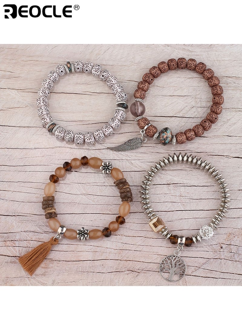 ريوكل للجنسين شجرة الحياة أساور قلادة مصنوعة يدويا أكريليك الأزواج سوار مع شرابات ريشة مجوهرات بوهو على غرار مناسبة للارتداء اليومي للحفلات المناسبات الخاصة فكرة هدية رومانسية للرجال والنساء البالغين - Image 3