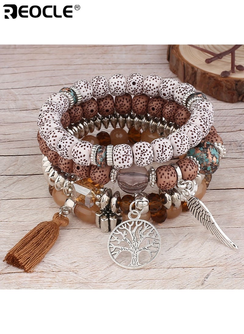ريوكل للجنسين شجرة الحياة أساور قلادة مصنوعة يدويا أكريليك الأزواج سوار مع شرابات ريشة مجوهرات بوهو على غرار مناسبة للارتداء اليومي للحفلات المناسبات الخاصة فكرة هدية رومانسية للرجال والنساء البالغين - Image 5
