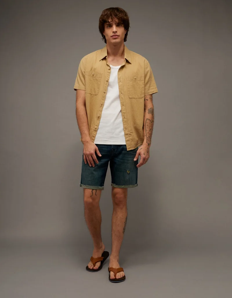 American Eagle AE Standard Fit Linen-Blend Button-Up Shirt