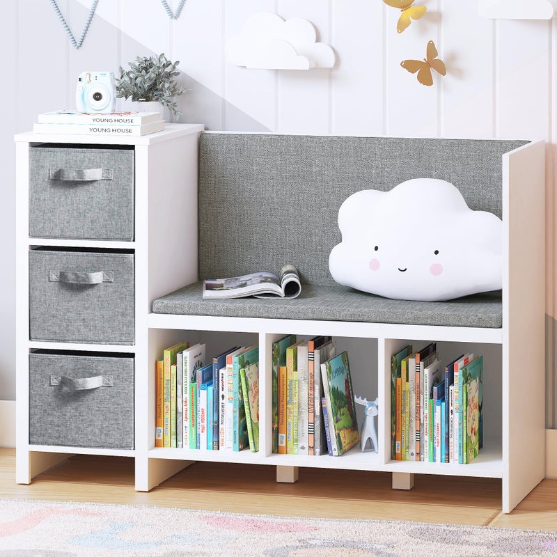 UTEX Kids Reading Nook Bench with Bookshelf Kids Bookcase and Storage Organizer with Seat Cushion Reading Bench with Bins for Bedroom  Entryway White