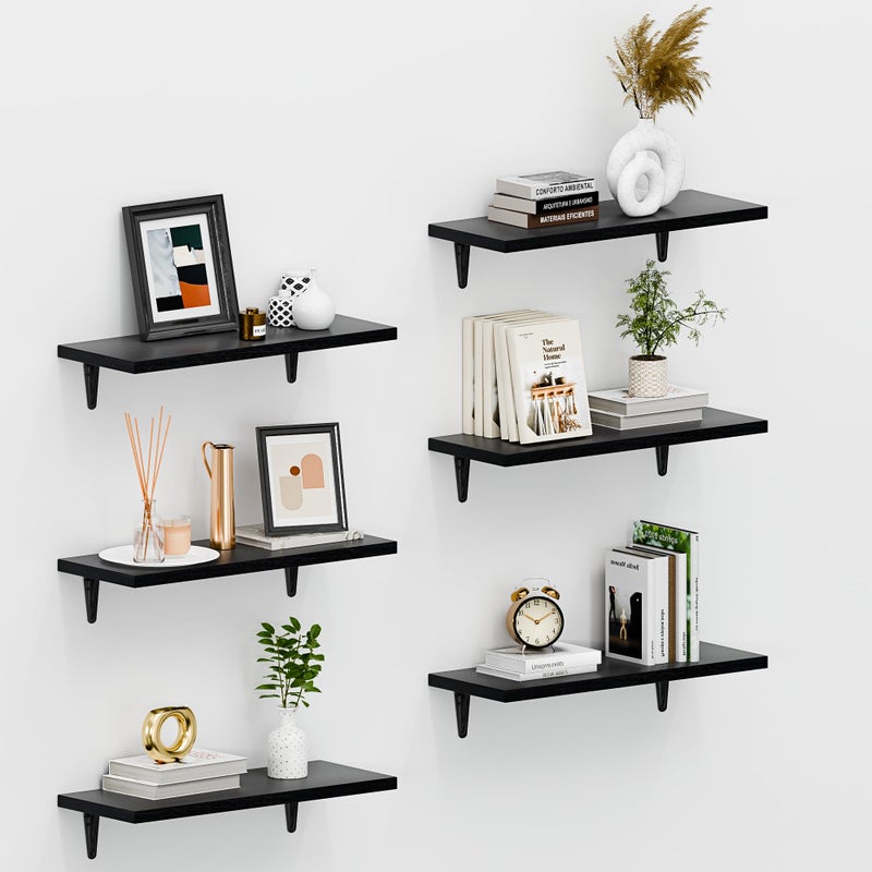 SKYSEN Floating Shelves for Wall Set of 6, 15.7in Wood Wall Shelf for Decor, Bathroom, Bedroom, Storage, Book,Kitchen, Living Room - Black(fs-40-b) - Image 1