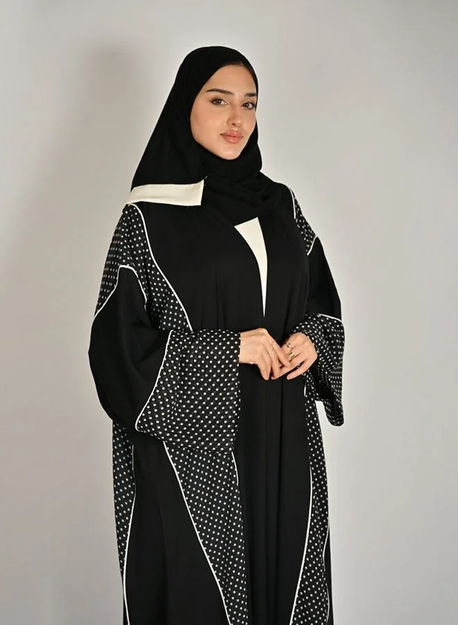 Hawraa Abaya Black Wrap Abaya with Wide Sleeves and Polka Dot Chiffon Detailing