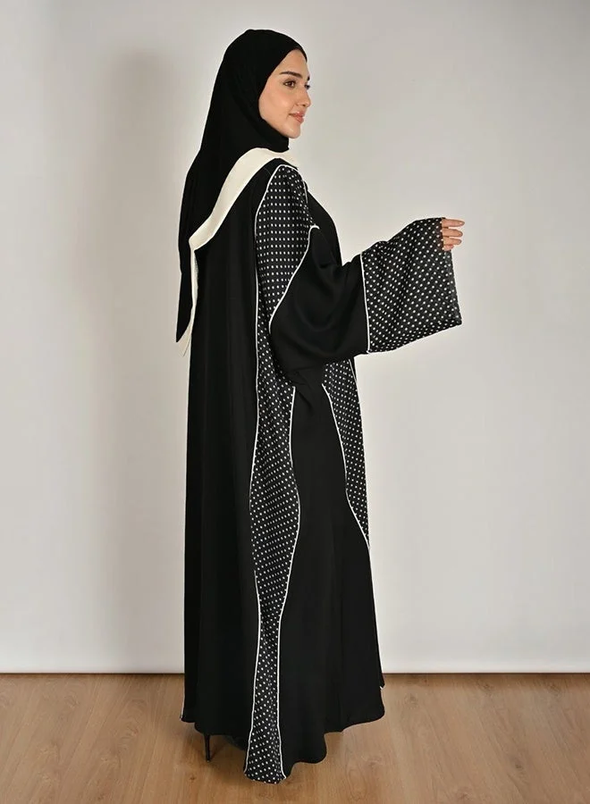 Hawraa Abaya Black Wrap Abaya with Wide Sleeves and Polka Dot Chiffon Detailing