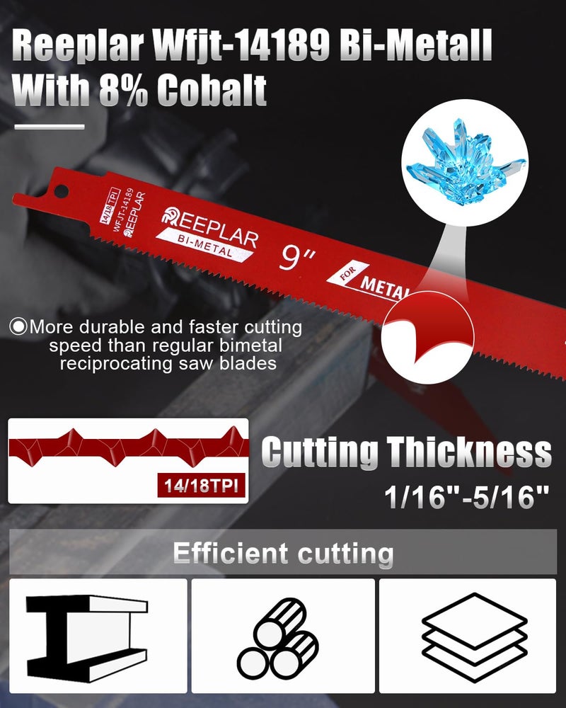 REEPLAR 25 Pack 9 inch 14/18 TPI Bi-Metal Auto Dismantling Reciprocating Saw Blades for 1/16-5/16 Medium Metals, 9” 18-TPI Sawzall Blade for Metal Cutting 25-Piece - Image 5