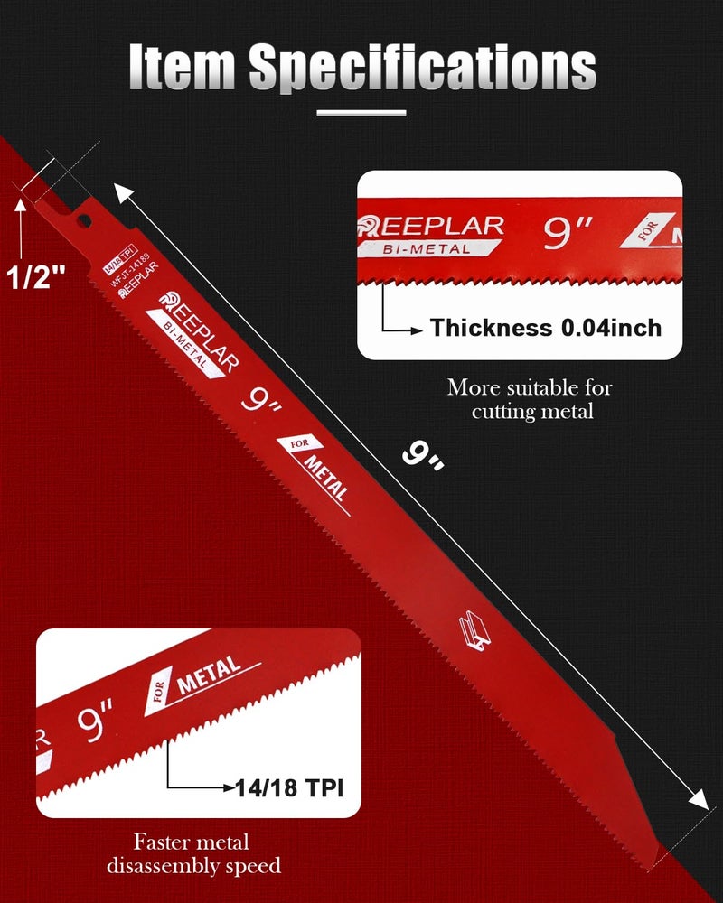REEPLAR 25 Pack 9 inch 14/18 TPI Bi-Metal Auto Dismantling Reciprocating Saw Blades for 1/16-5/16 Medium Metals, 9” 18-TPI Sawzall Blade for Metal Cutting 25-Piece - Image 2