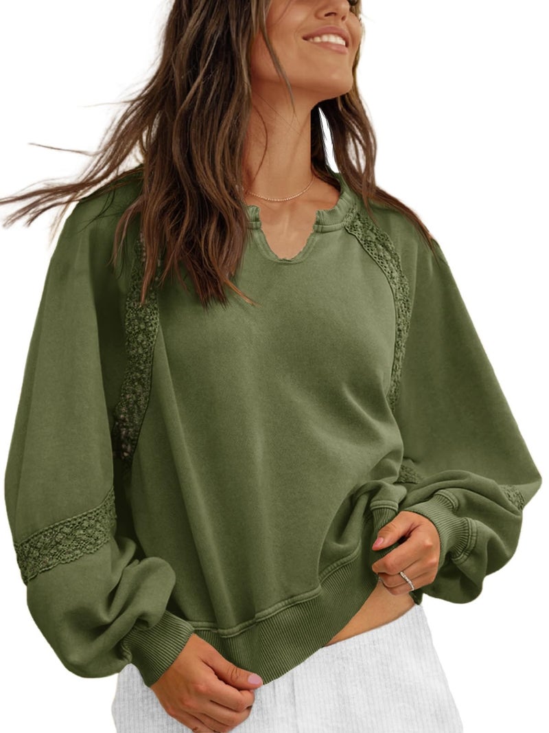 Fisoew Womens Oversized Sweatshirt Casual V Neck Lace Lantern Long Sleeve Cropped Loose Fit Fall Pullover Tops Army Green - Image 1