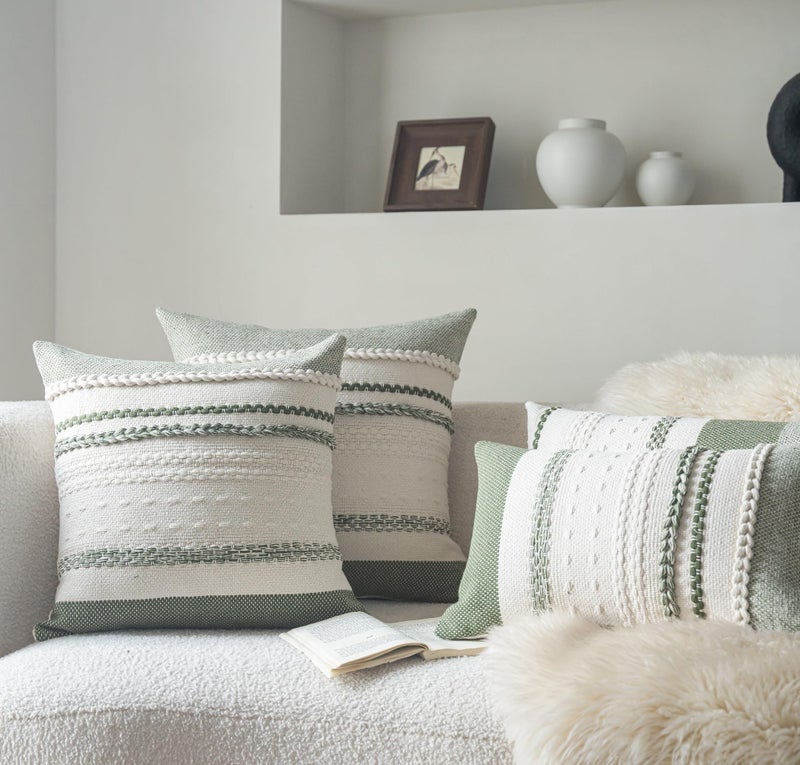Cethom Boho Throw Pillow Covers 18x18 Inch Set of 2, Green Textured Decorative Couch Pillow Cases for Farmhouse Home Decor, Accent Cushion Cover for Sofa, Bed, Living Room, Bedroom - Image 5
