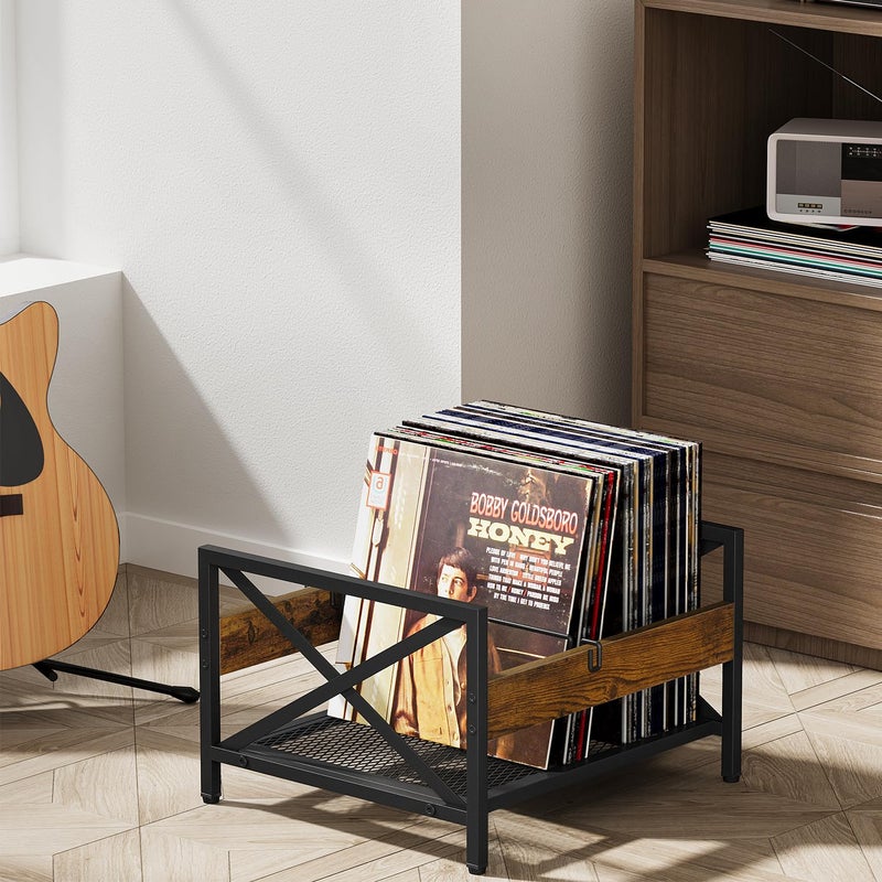 VYUOL Vinyl Record Storage Holder, Metal & Wooden Record Crates with Divider, Holds up to 50-100 Records, Vinyl Storage Album Storage Rack for Books,Files - Image 4