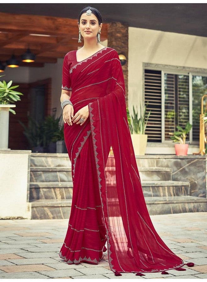 Satrani Women's Georgette Stone Work Border & Piping Border & Tassels Saree with Unstitched Blouse Piece (3432S301N_Red1) - Image 2