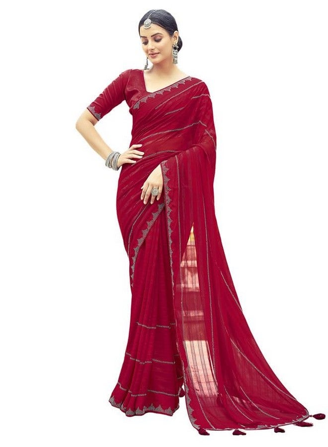 Satrani Women's Georgette Stone Work Border & Piping Border & Tassels Saree with Unstitched Blouse Piece (3432S301N_Red1) - Image 1