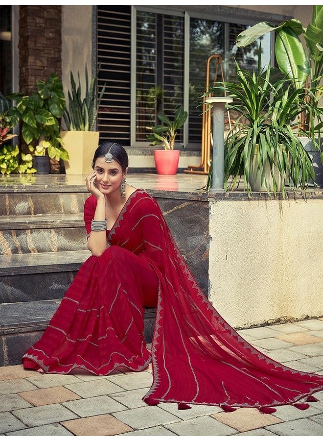Satrani Women's Georgette Stone Work Border & Piping Border & Tassels Saree with Unstitched Blouse Piece (3432S301N_Red1) - Image 5