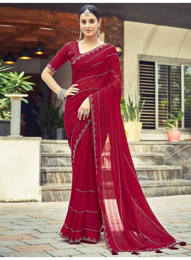 Satrani Women's Georgette Stone Work Border & Piping Border & Tassels Saree with Unstitched Blouse Piece (3432S301N_Red1) - Image 4