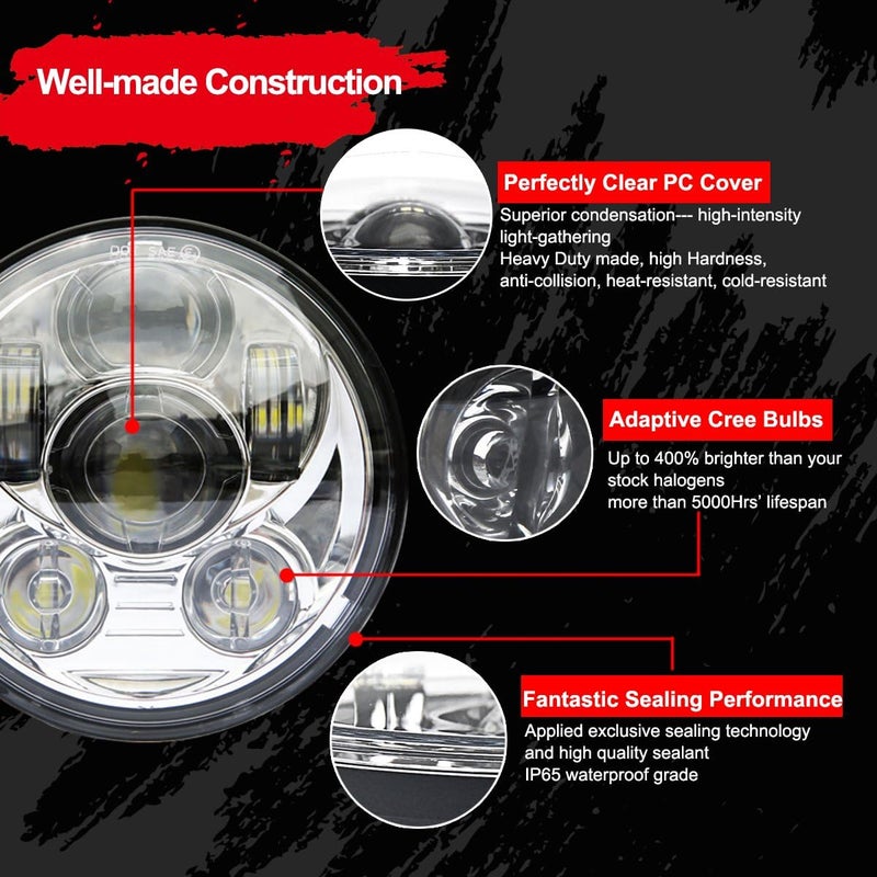 Wisamic 5.75" LED Headlight Motorcycle DOT - Compatible with Harley Davidson Dyna Street Bob Super Wide Glide Low Rider Night Rod Train Softail Sportster Iron 883-Sliver - Image 4