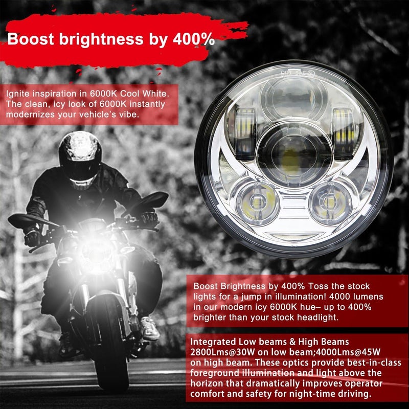 Wisamic 5.75" LED Headlight Motorcycle DOT - Compatible with Harley Davidson Dyna Street Bob Super Wide Glide Low Rider Night Rod Train Softail Sportster Iron 883-Sliver - Image 2