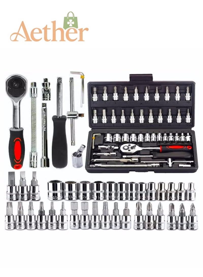 AETHER Mechanic Tools Kit for Automotive Repair, 46 Pieces, Heavy-Duty Hand Tools Set with Durable Carry Case, 32×19.5×18 cm, Black - Image 1