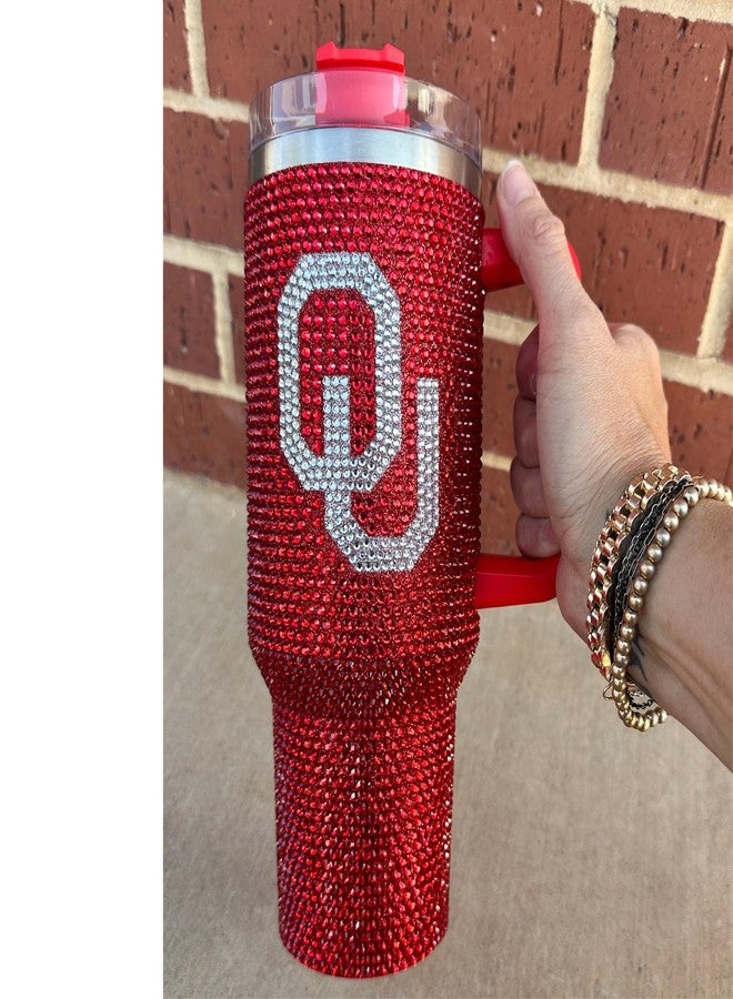 Lashicorn Oklahoma Rhinestone Tumbler 40 oz with Lid Straw Sparkle Bling Red Letter O University Matches Beaded Purse Strap Football Cup Mug Diamond Bedazzled - Image 5