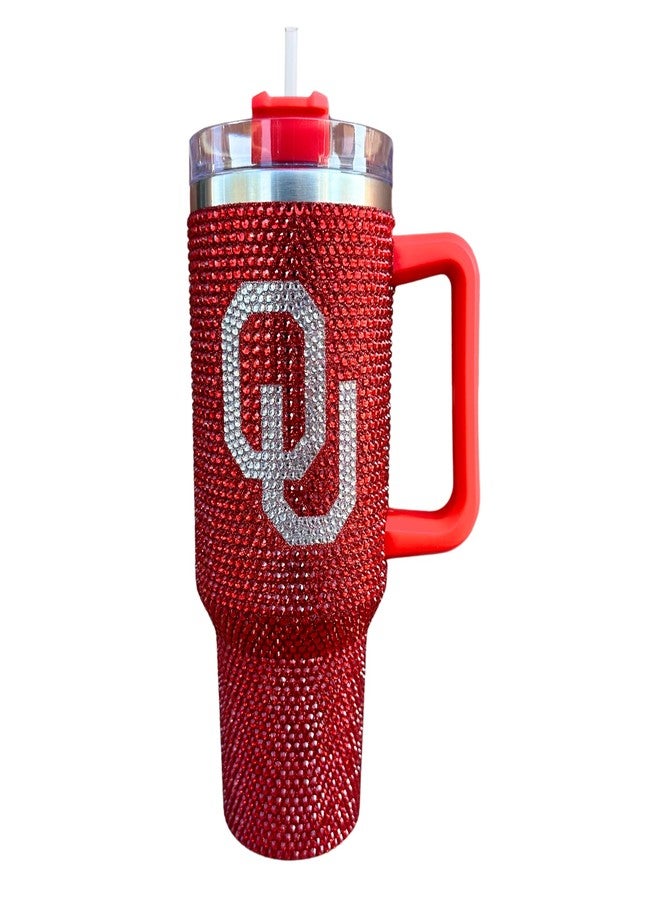 Lashicorn Oklahoma Rhinestone Tumbler 40 oz with Lid Straw Sparkle Bling Red Letter O University Matches Beaded Purse Strap Football Cup Mug Diamond Bedazzled - Image 1