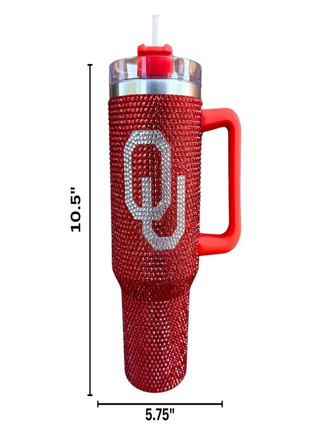 Lashicorn Oklahoma Rhinestone Tumbler 40 oz with Lid Straw Sparkle Bling Red Letter O University Matches Beaded Purse Strap Football Cup Mug Diamond Bedazzled - Image 2