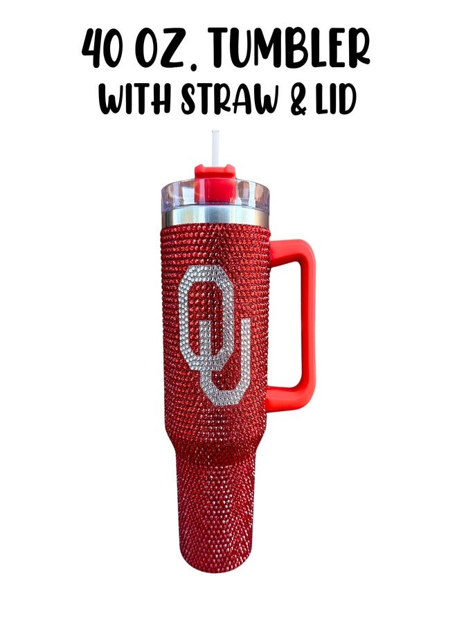 Lashicorn Oklahoma Rhinestone Tumbler 40 oz with Lid Straw Sparkle Bling Red Letter O University Matches Beaded Purse Strap Football Cup Mug Diamond Bedazzled - Image 3