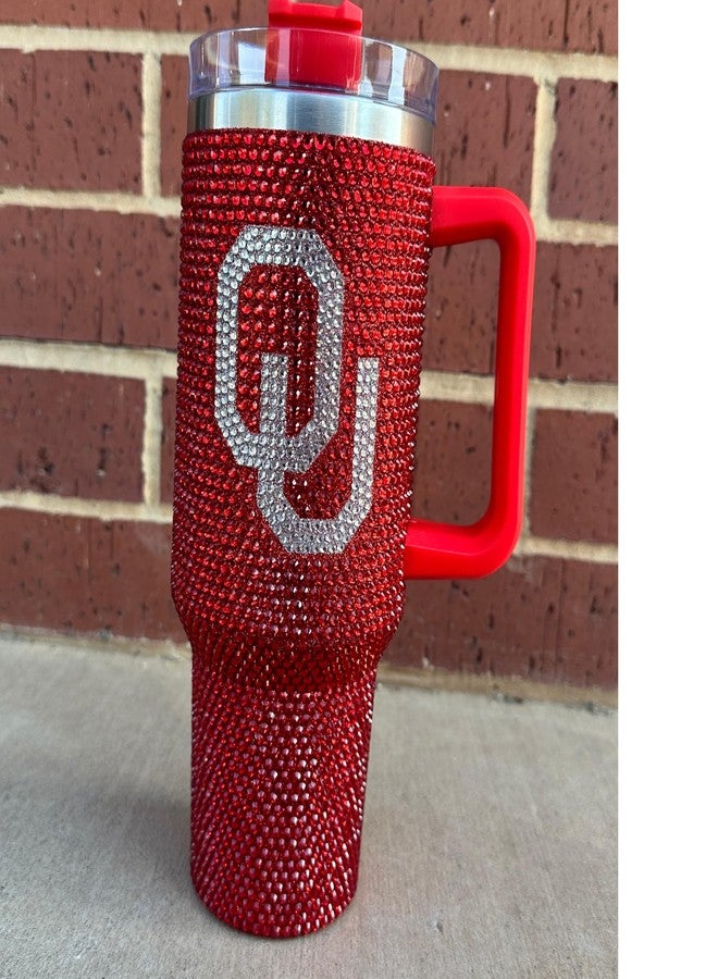 Lashicorn Oklahoma Rhinestone Tumbler 40 oz with Lid Straw Sparkle Bling Red Letter O University Matches Beaded Purse Strap Football Cup Mug Diamond Bedazzled - Image 4