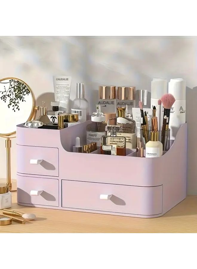 Pink Three Drawer Cosmetic Organizer With Shelves And Golden Knobs For Skincare Storage - Image 1