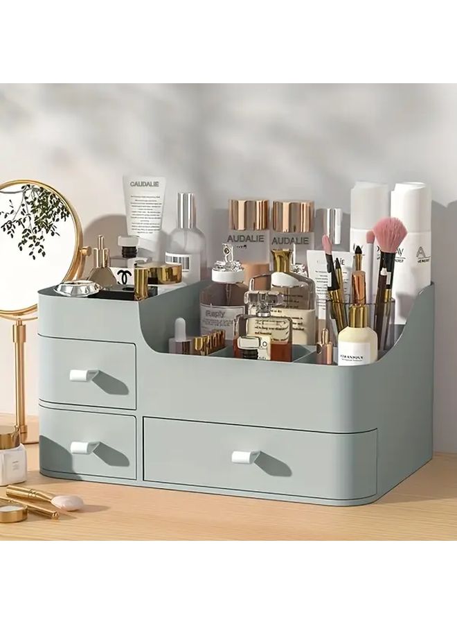 Pink Three Drawer Cosmetic Organizer With Shelves And Golden Knobs For Skincare Storage - Image 2