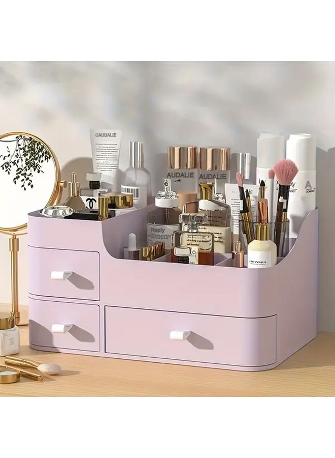 Pink Three Drawer Cosmetic Organizer With Shelves And Golden Knobs For Skincare Storage - Image 4