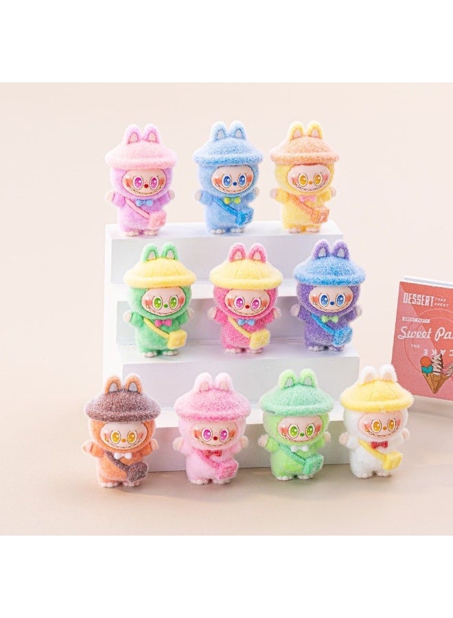 10-Piece Labubu Style Mini Bunny Plush Ornament Set – Soft Flocked Cartoon Design with Backpack – Collectible Desk, Car & Keychain Decoration - Image 1