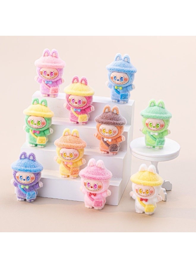10-Piece Labubu Style Mini Bunny Plush Ornament Set – Soft Flocked Cartoon Design with Backpack – Collectible Desk, Car & Keychain Decoration - Image 3