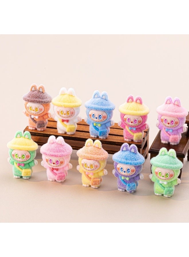 10-Piece Labubu Style Mini Bunny Plush Ornament Set – Soft Flocked Cartoon Design with Backpack – Collectible Desk, Car & Keychain Decoration - Image 2