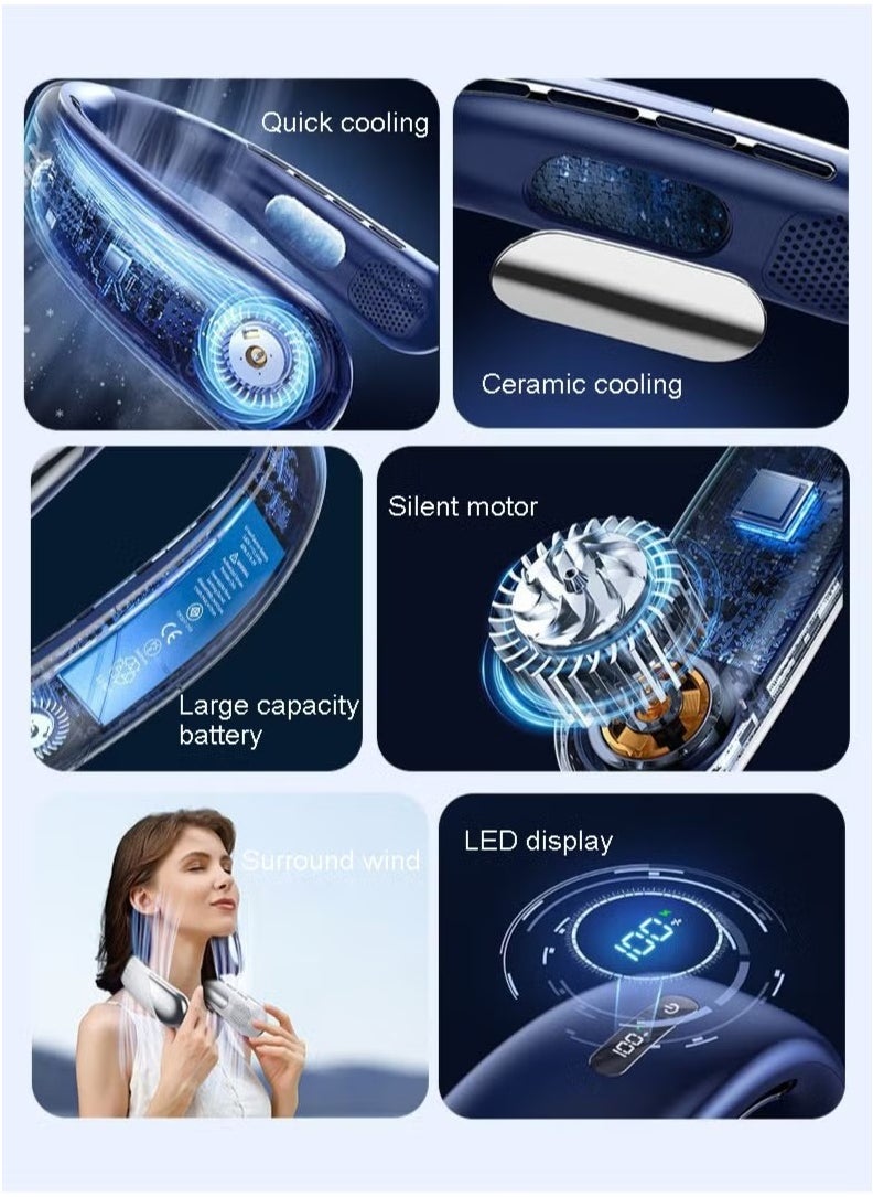 Neck Fan Portable Rechargeable, 360° Surrounding Strong Wind, 5 Speeds, Portable Fan with Digital Display of Power, Wearable Fan Cooling, Hands Free Fan