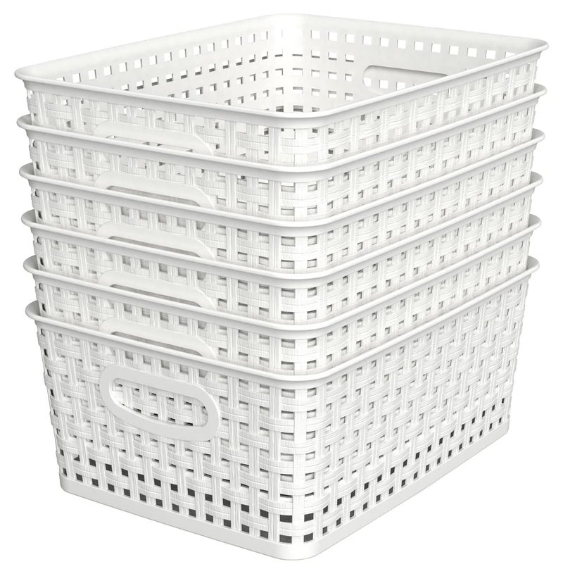 WYT Woven Plastic Storage Baskets, 6 Pack White Weave Bins Organizer, 10.1" x 7.55" x 4.1" - Image 1