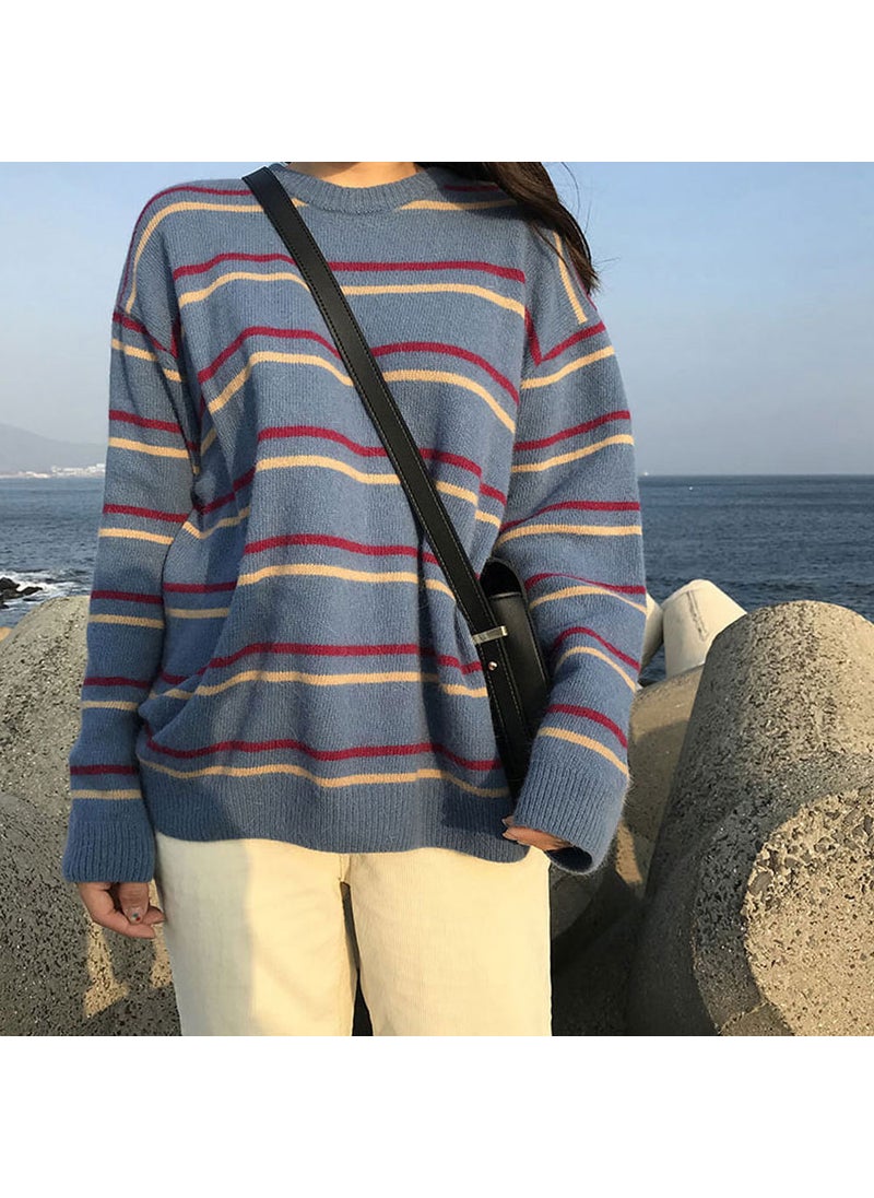 Generic - Autumn/Winter New Womens Pullover Sweater Chic Striped Knitted Top Loose-Fit Casual Student Outerwear Round Neck Design Dark brown - Image 1