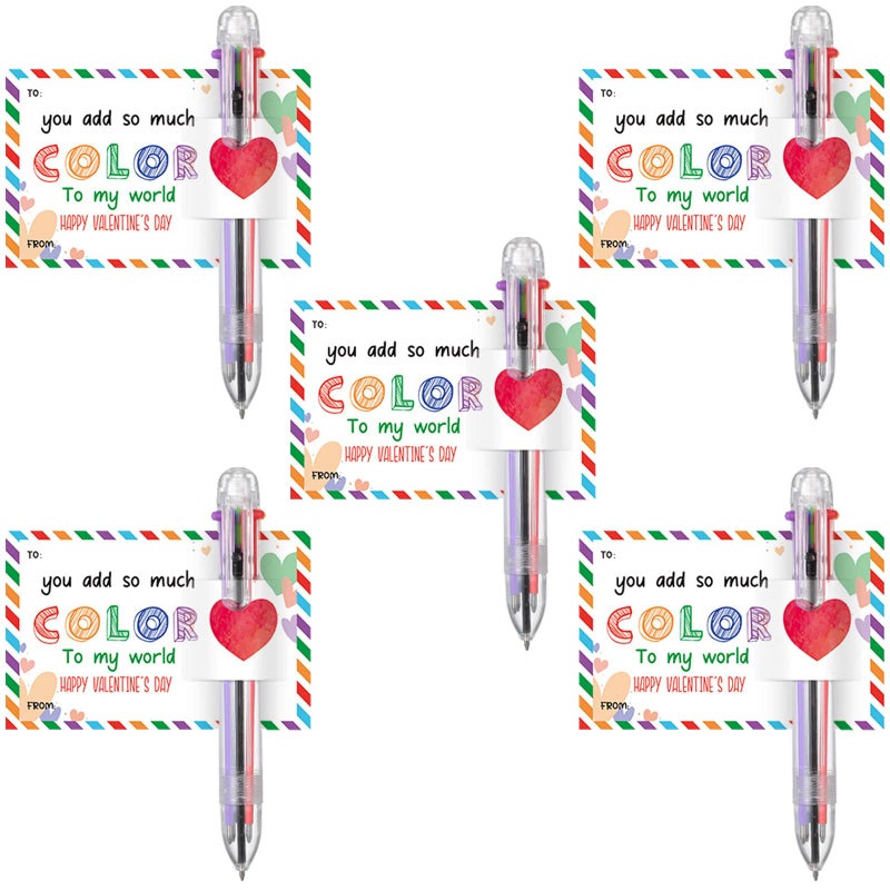 Sabary 24 Set Valentines Day Card and Multicolor Pen Gift Greeting Card and Retractable Multicolored Pen for Kids School Valentine's Day Student Classroom Exchange Gift Party Favor (6-in-1) - Image 1