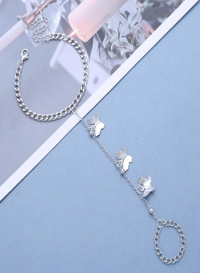 Yheakne Vintage Butterfly Finger Ring Bracelet Hand Chain Silver Butterfly Ring Hand Chain Bracelet Butterfly Tassel Chain Bracelet Slave Hand Harness Bracelet Jewelry for Women (Silver) - Image 3