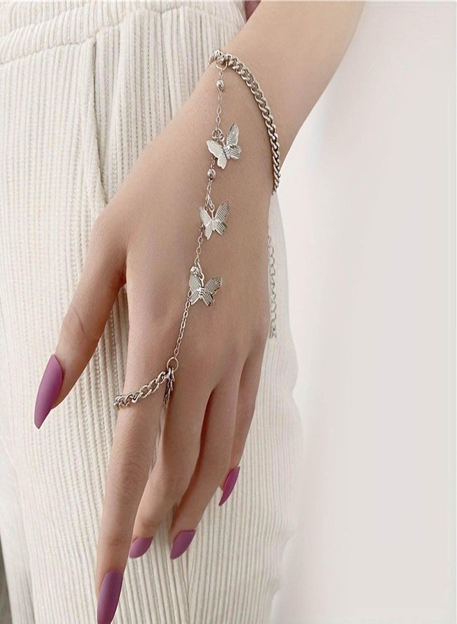 Yheakne Vintage Butterfly Finger Ring Bracelet Hand Chain Silver Butterfly Ring Hand Chain Bracelet Butterfly Tassel Chain Bracelet Slave Hand Harness Bracelet Jewelry for Women (Silver) - Image 2