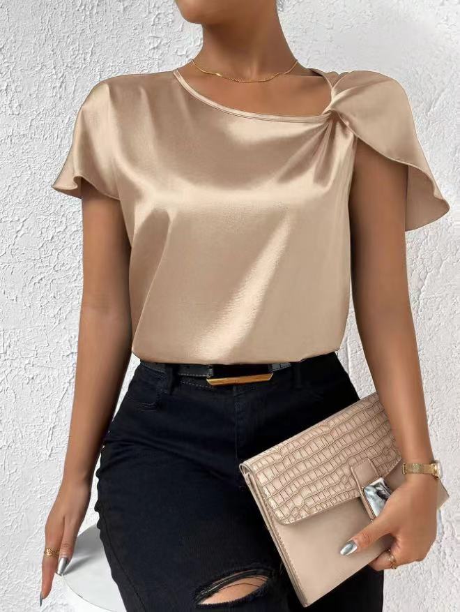 Satin Short Sleeve Satin Twisted Solid Color Loose llmatch Top For Women