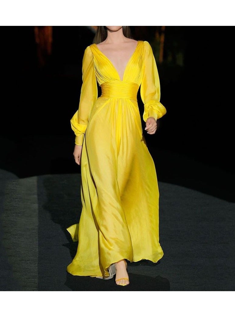 NIBEMINENT Women's Elegant Engagement Formal Evening Party Dress V Neck Long Sleeve Floor Length Dress with Pleats Ruched - Image 1
