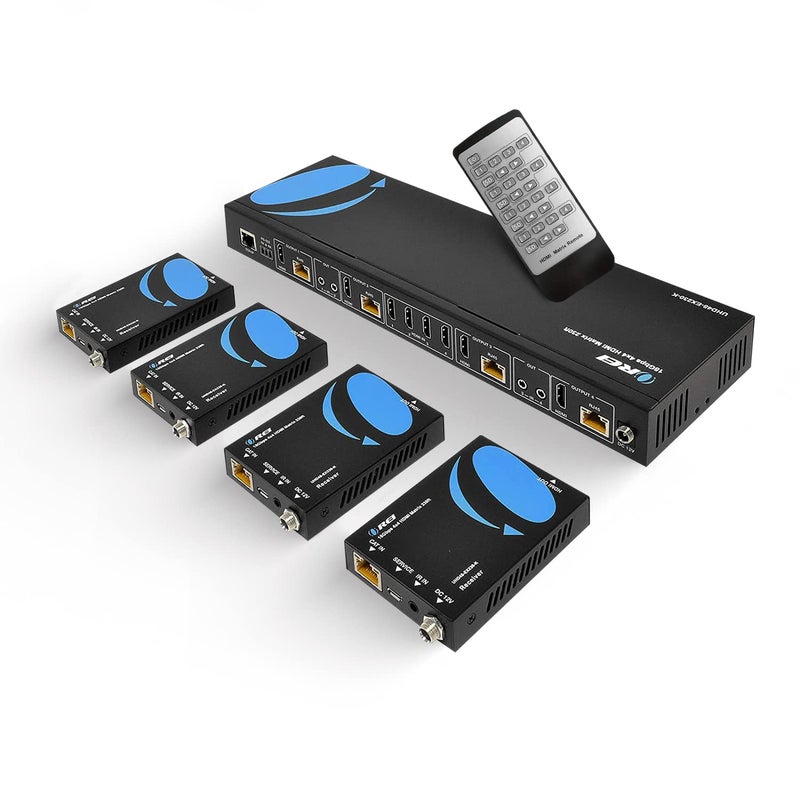 OREI OREI 4K 4x4 HDMI Extender Matrix - UltraHD 4K @ 60Hz 4:4:4 Over Single CAT5e/6/7 Cable with HDR Switcher & IR Control, RS-232 - Up to 230 Ft - 1080P Downscale - 4 x Loop Out - 4 Receivers Included  - Image 1