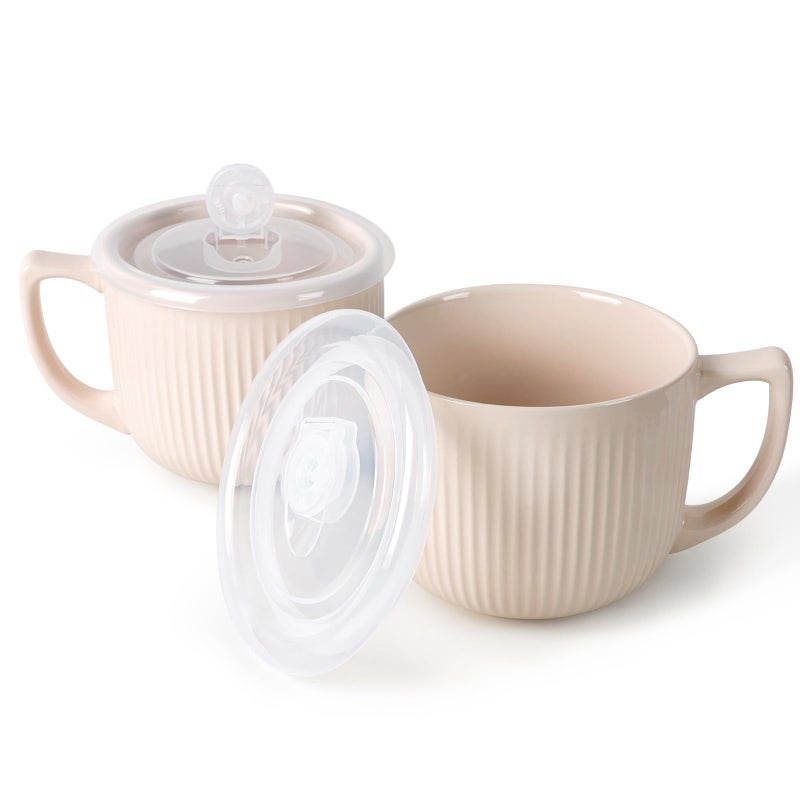 ZEBERBO Ceramic Soup Bowls with Vented Lid, 32 Ounce Soup Mug with Handle, 2packs 5 inch Jumbo Soup Cups, Wide Large Cereal Bowl for Oatmeal, Gumbo Salad, Microwave Oven Safe (Latte) - Image 1