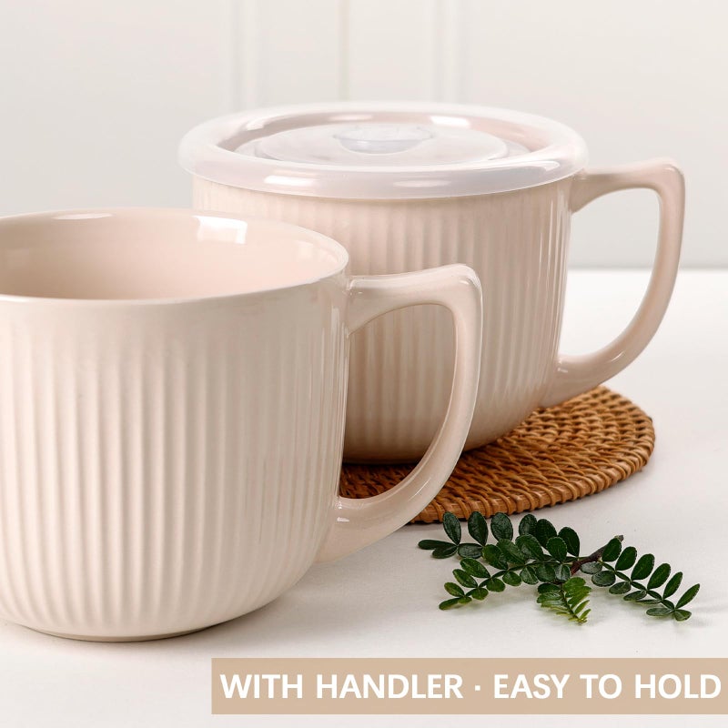 ZEBERBO Ceramic Soup Bowls with Vented Lid, 32 Ounce Soup Mug with Handle, 2packs 5 inch Jumbo Soup Cups, Wide Large Cereal Bowl for Oatmeal, Gumbo Salad, Microwave Oven Safe (Latte) - Image 3