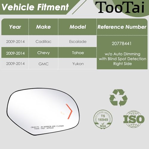 Tootai Passenger Side Replacement Mirror Glass - compatible with Cadillac, GMC & CHEVY vehicles - 2009-2014 Escalade/Yukon/Tahoe, Blind Spot Detection, w/o Auto Dimming, 20778441 - Image 2