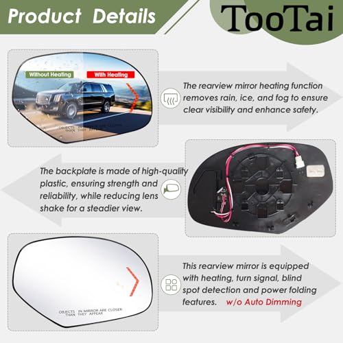 Tootai Passenger Side Replacement Mirror Glass - compatible with Cadillac, GMC & CHEVY vehicles - 2009-2014 Escalade/Yukon/Tahoe, Blind Spot Detection, w/o Auto Dimming, 20778441 - Image 4