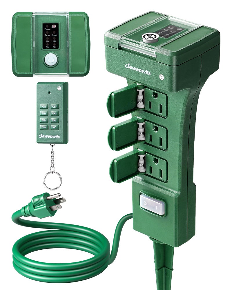 DEWENWILS Outdoor Power Stake Timer Waterproof, 100FT Range Remote Control Outlet Timer, 6 Grounded Outlets 6FT Cord, Photocell Dusk to Dawn, for Lights, Garden, 1875W/15A UL Listed - Image 1