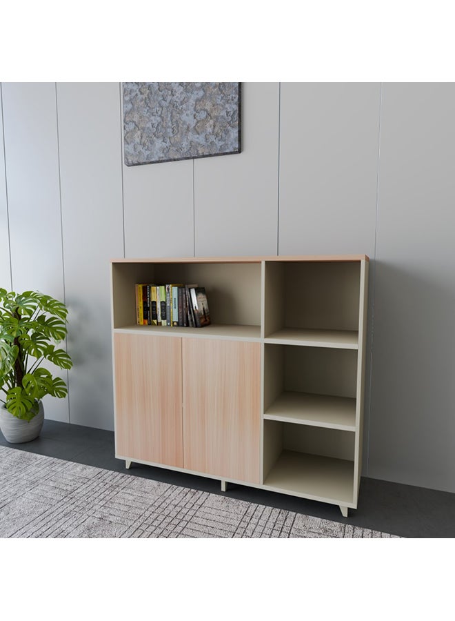 NEO FRONT FURNITURE Manager Office Low Cabinet – Beige & Brown Finish with 4 Open Compartments & 2-Door Storage, Modern Executive Cabinet for CEO Room 1200×400×1100 mm (XS-Y-12-A)  - Image 1