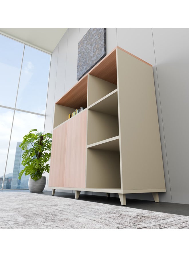 NEO FRONT FURNITURE Manager Office Low Cabinet – Beige & Brown Finish with 4 Open Compartments & 2-Door Storage, Modern Executive Cabinet for CEO Room 1200×400×1100 mm (XS-Y-12-A)  - Image 4
