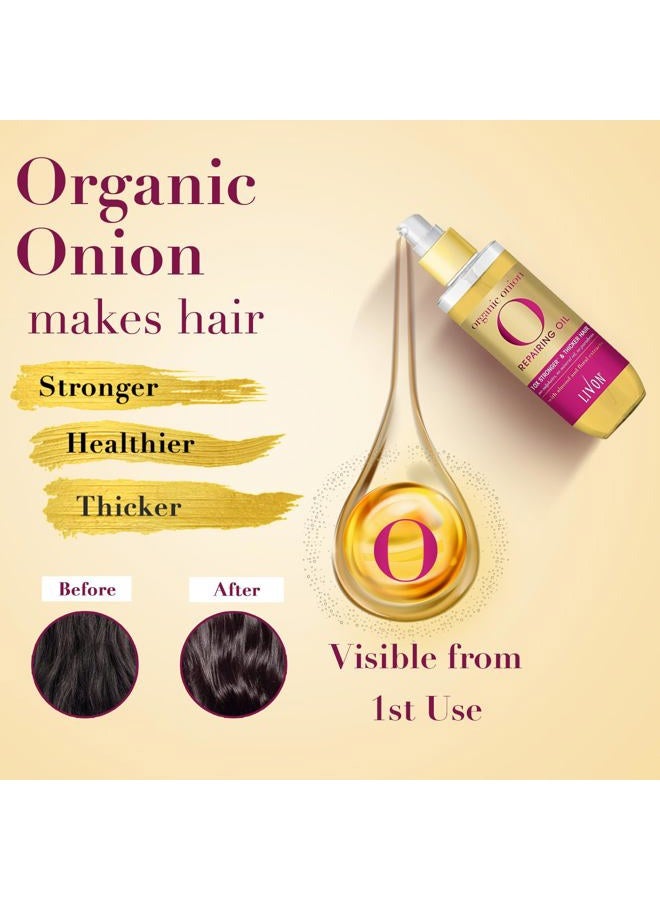 Livon سيروم الشعر للرجال والنساء | خالي من الكبريتات والبارابين | لجميع أنواع الشعر | خفيف وغير دهني | زيت سيروم إصلاح البصل العضوي | غني بمستخلصات اللوز والزهور | 3.3 أونصة سائلة - Image 3