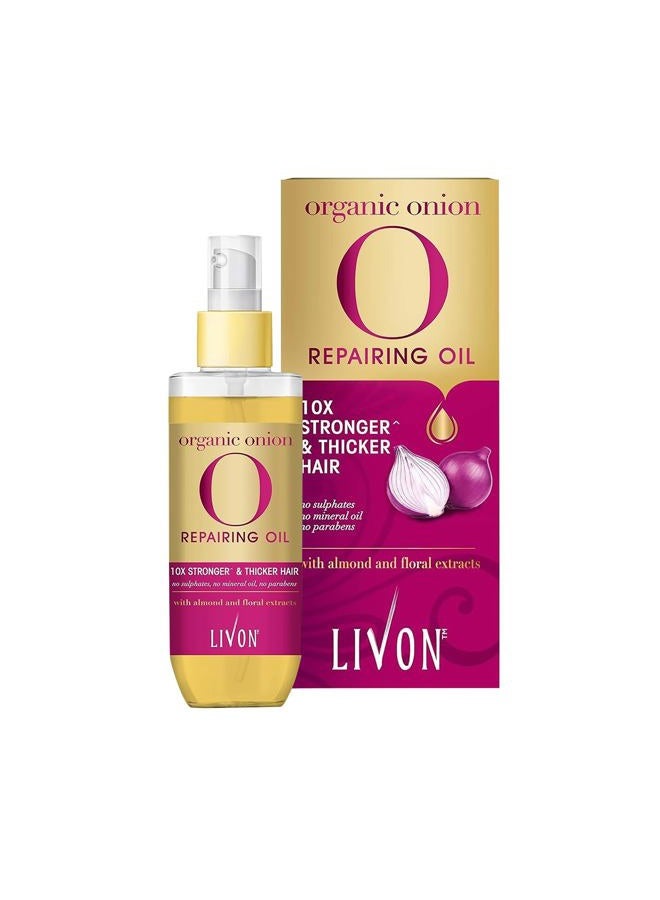 Livon سيروم الشعر للرجال والنساء | خالي من الكبريتات والبارابين | لجميع أنواع الشعر | خفيف وغير دهني | زيت سيروم إصلاح البصل العضوي | غني بمستخلصات اللوز والزهور | 3.3 أونصة سائلة - Image 1
