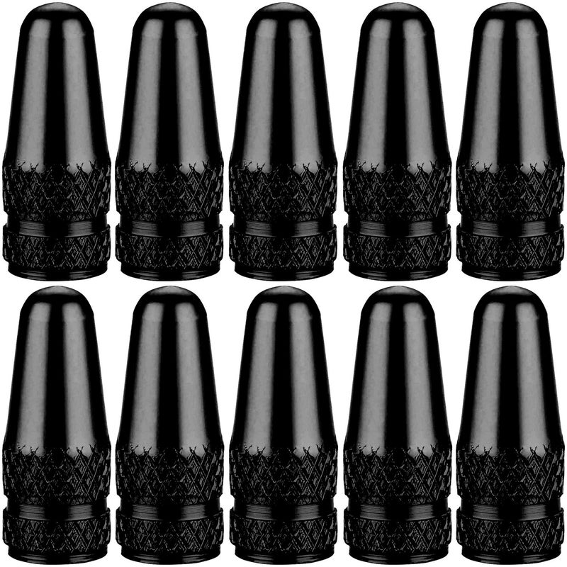 SAMIKIVA (10 Pack) Bike Presta Valve Stem Caps, Chrome Anodized Aluminum, Use On Presta French Valves, Dust caps for MTB Road Racing Bicycle, Rocket Style (Black (10 Pack))