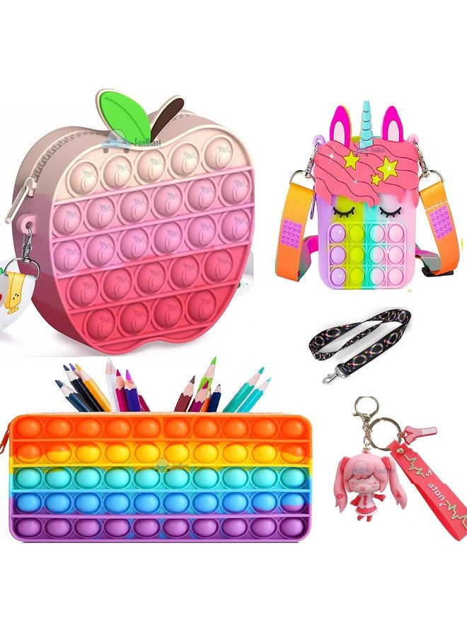 فنبلاست مجموعة FunBlast من حقيبة كتف Pop it مع سلسلة مفاتيح وحقيبة كتف وحقيبة صغيرة للأطفال - حقيبة عملات Pop it ومجموعة منظم قرطاسية/هدايا عيد ميلاد للبنات والأطفال (عبوة من 3 قطع؛ لون عشوائي) - Image 1